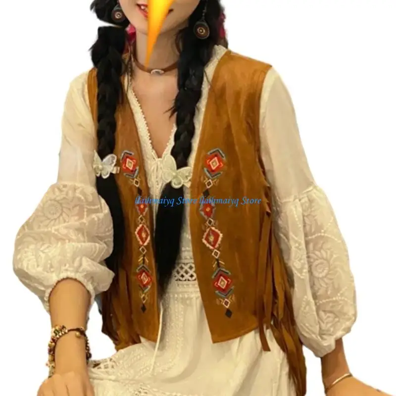 

573B Women Fringe Vest Faux Suedes Tassels 70s Hippie Clothes Open-Front Cardigan Sleeveless Vest Female Waistcoat Outwear