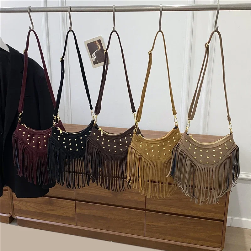 

High Quality Zipper Microfiber Tassel Sequined Sweet Shoulder Bags 2026 Hot Sale Large Capacity Ethnic Women's Crossbody Bags