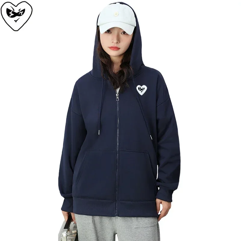 Break Egg Women Zipper Hoodie Cotton Cartoon Cute Glasses Heart Embroidery Pocket Loose Fleece Casual Autumn Sweater