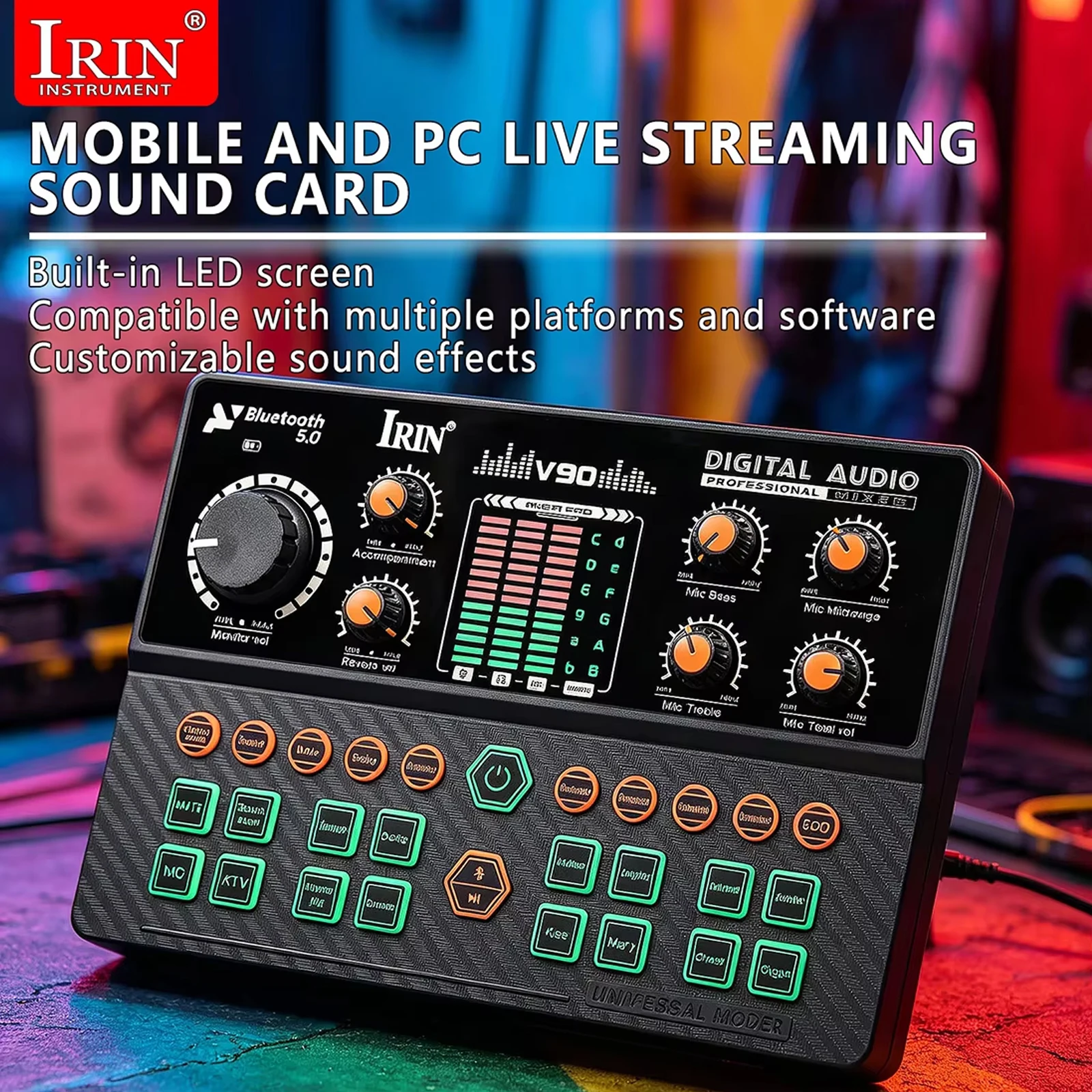 IRIN V90 Sound Card Audio Mixer with Voice Changer Podcast Mixer Mobile Game K-Singing Recording Studio Live Podcast Sound Card