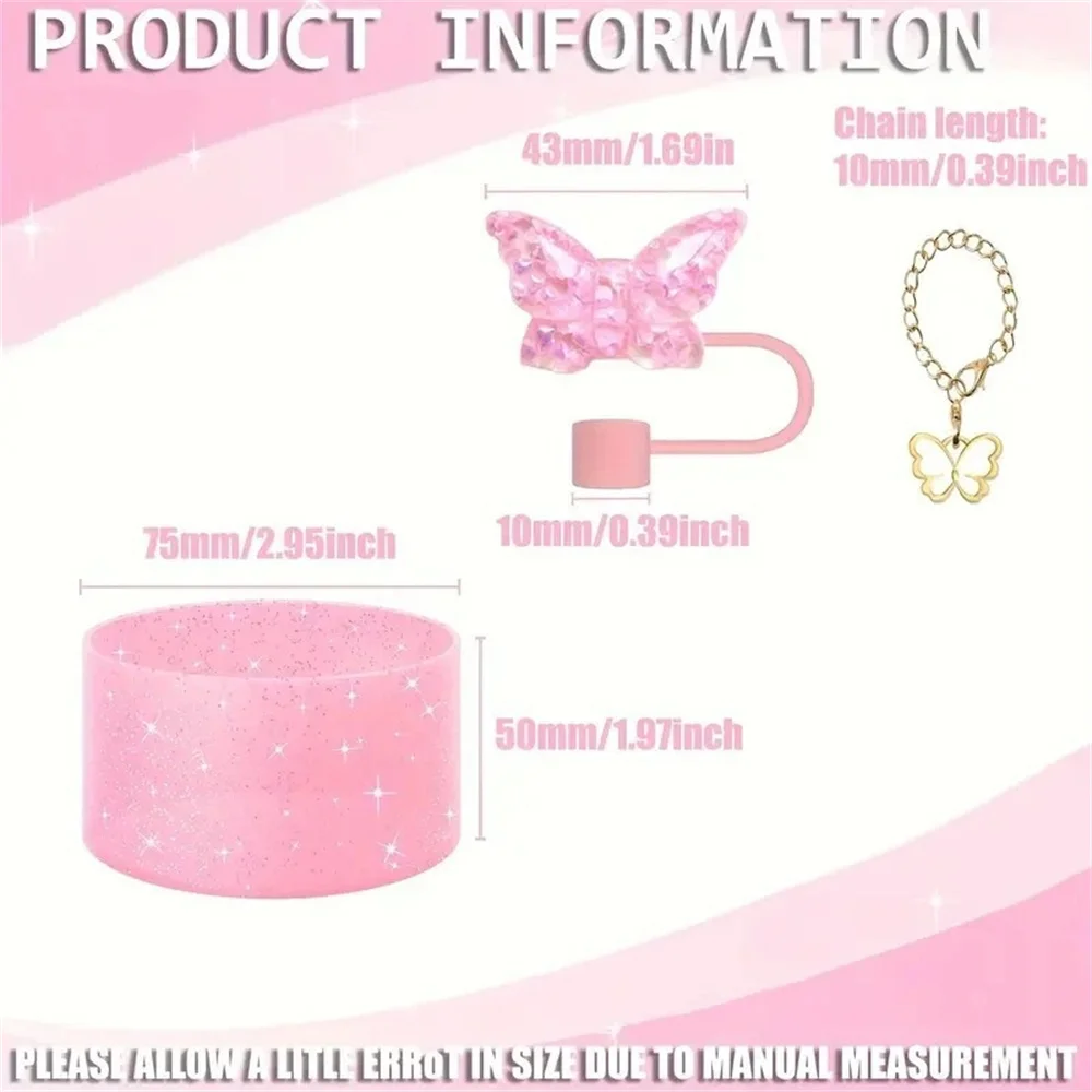 3Pcs 40oz Tumbler Cup Accessories Bow Straw Cap Covers Toppers Silicone Boot Butterfly Charm Chain Tumbler with Handle