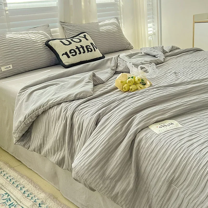 Korean Style Seersucker Washed Cotton Summer Quilt Four-Piece Set Bare Sleeping Quilt Summer Blanket Airable Cover