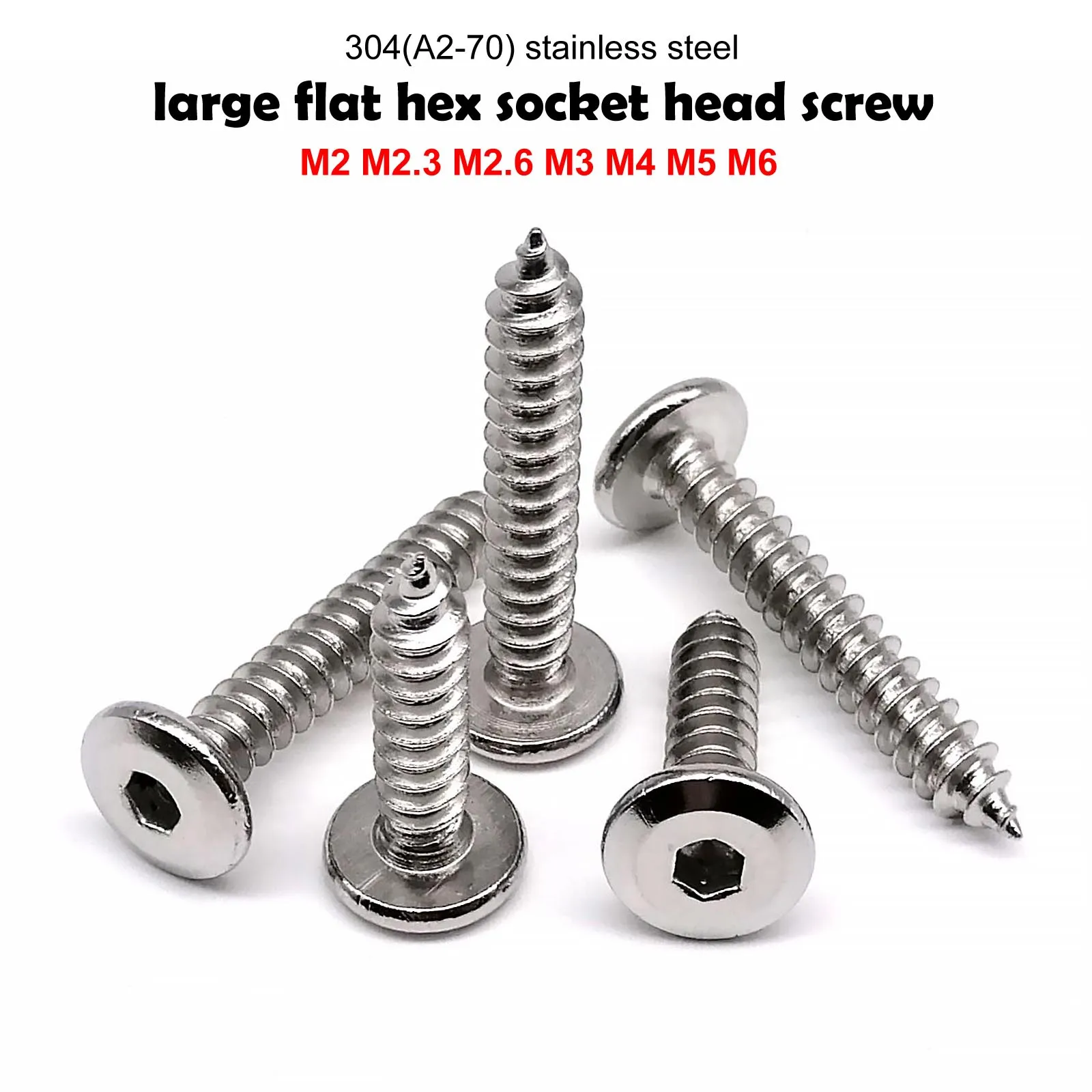 HZYUEGOU M2 M2.3 M2.6 M3 M4 M5 M6 A2-70 304 Edelstahl Innensechskantschraube Flachkopf Großer Kopf Selbstschneidende Holzschraube – Detail 2