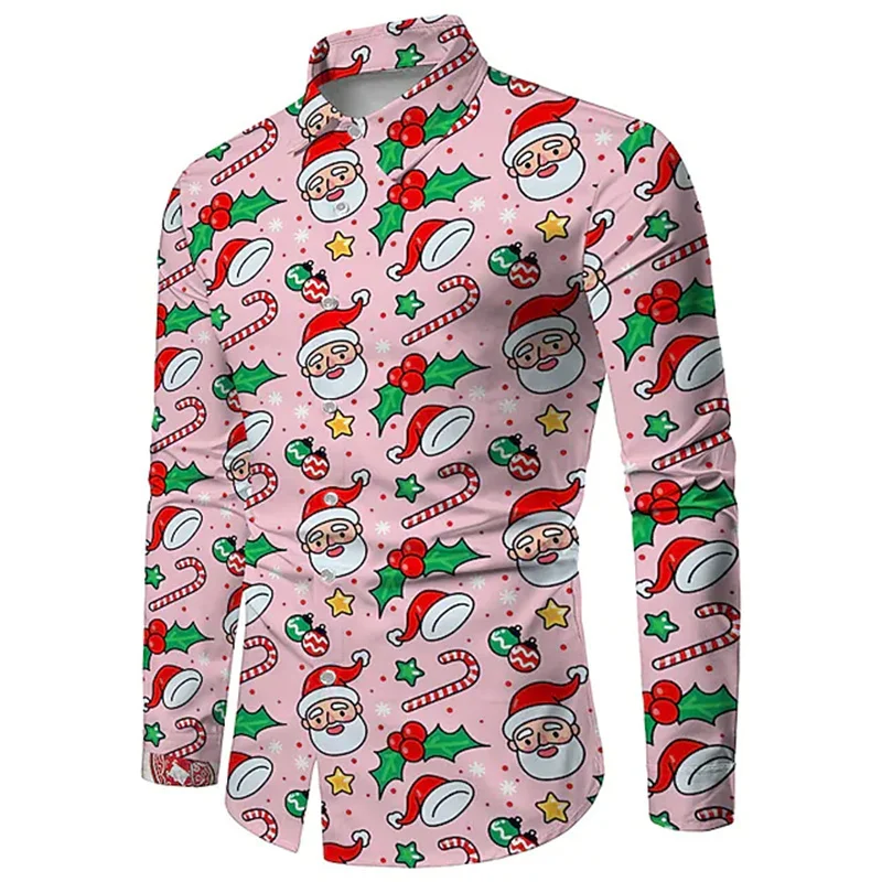 2023 Party Men\'s Christmas Shirt Pattern 3D Printing Men\'s Button Lapel Long Sleeve Snowflake Santa Claus Shirt High Quality 6XL