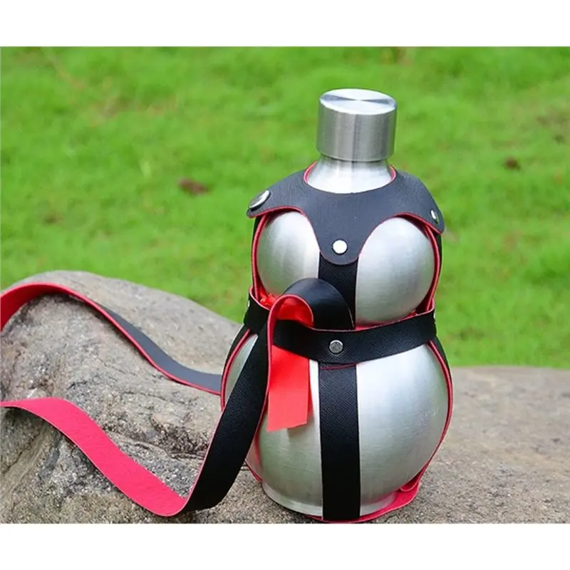 ABUN Stainless Steel Gourd Whiskey Flask 1500ml Outdoor Wine Bottle Flagon Kettle with Black Strap Leather Case