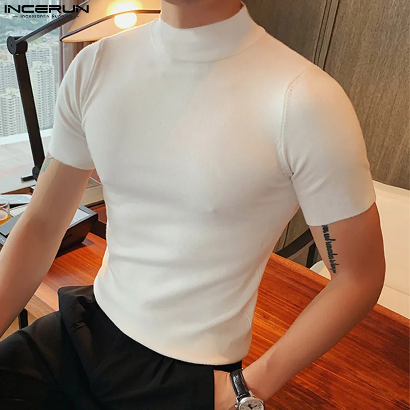 INCERUN Tops 2024 Korean Style New Men Small High Necked Tight Fitting T-shirts Casual Street Solid Short Sleeved Camiseta S-5XL