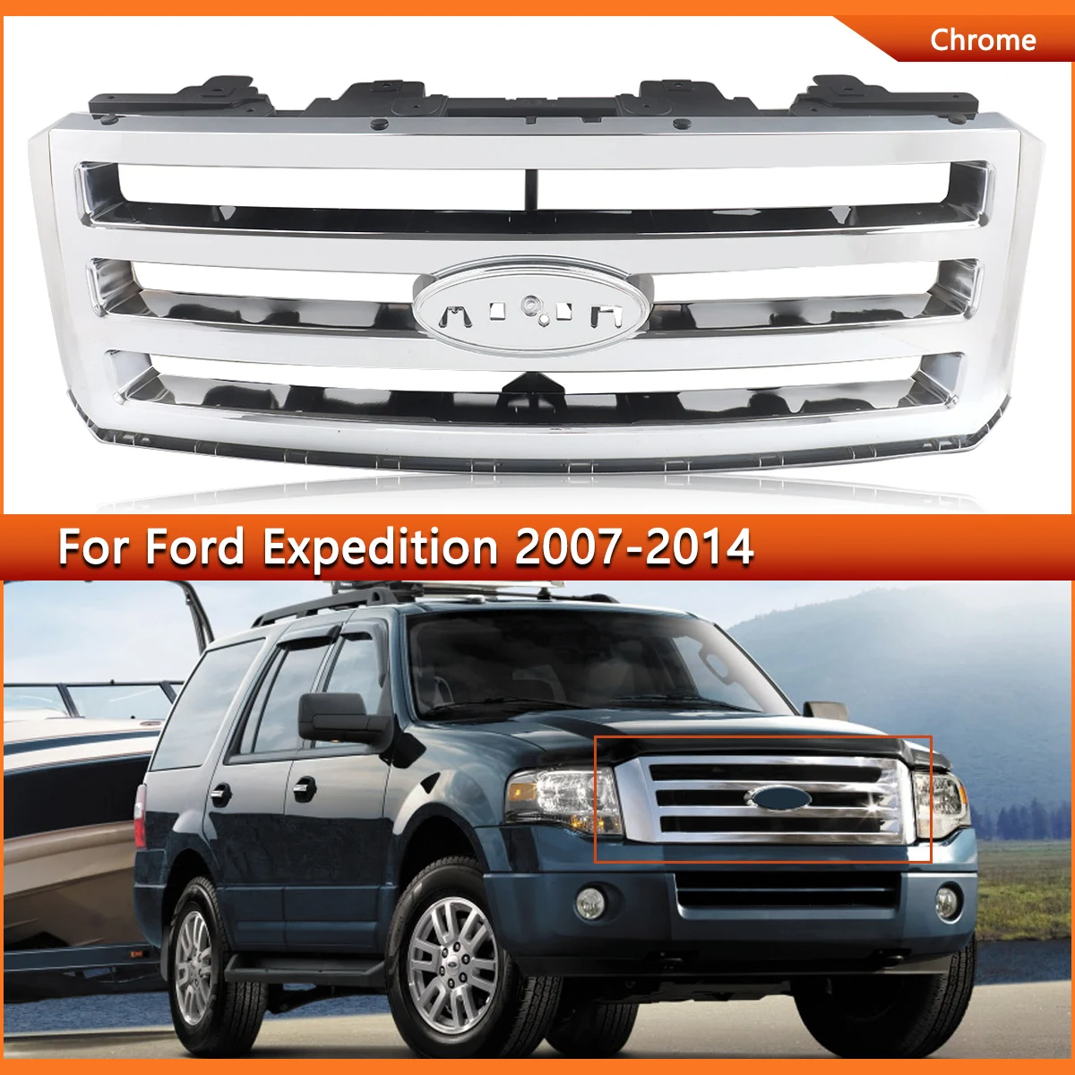 

Magickit Grille For 09-2014 Ford Expedition Front Bumper Upper Grille Assembly Chrome 7L1Z8200BA