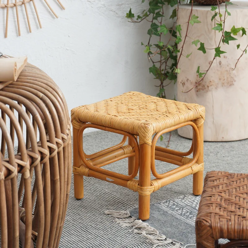 Handwoven Rattan Stool Retro Pastoral Stool Simple Mobile Seat Outdoor Camping Chair Home Kitchen Furniture Chair