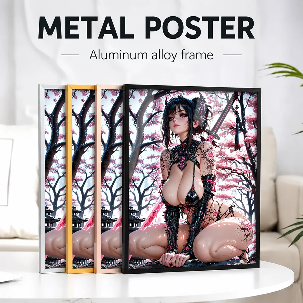 Samurai Girl In Cherry Blossom Forest Framed Metal Print Customized Photo Elegant Ink Style Wall Art For Lounge Zen Lover Gift