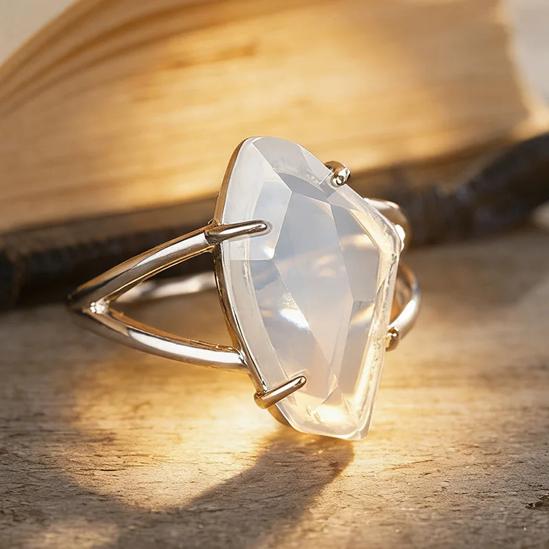 Exquisite Female Rings 925 Sterling Silver Sparkling Geometric Moonstone Zircon Finger Rings for Women Wedding Rainbow Jewelry