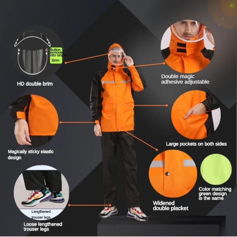 Fashionable Color Matching Raincoat and Rainpants Set for Men Women Outdoor Split Reflective Motorcycle Rider Raincoat