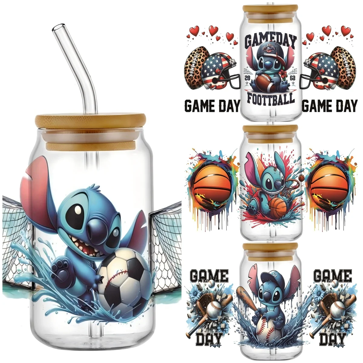 

Miniso Stitch Sports DesignsFor DIY Glass Sticker 3D UV DTF Transfers Stickers Classic Cartoon Monster Stitch 16oz Cup Wraps
