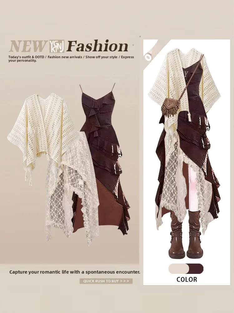 

Retro 2025 Women's Faion Floral Lace Dr Design Unique Layering f Skirt Cover up ort Sve V Ne Casual Outfit