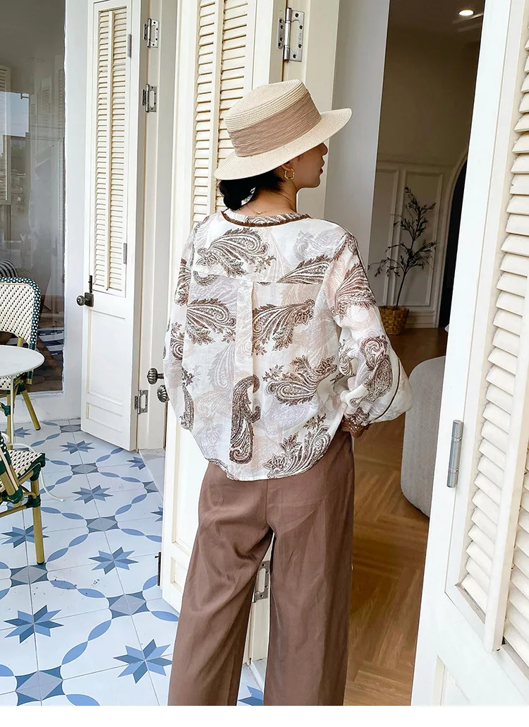 Boho Vintage Printed Blouse Shirt Women Elegant Lyocell Linen Spring Autumn V-neck Long Sleeve Ladies Loose Casual Ladies Tops