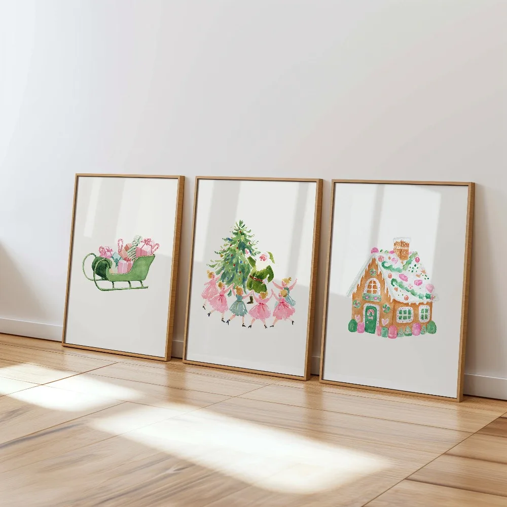 3pcs Frameless, Whimsical Pink Christmas Wall Art,Sugar Plum Fairy Art,Gingerbread House Nursery Decoration,Digital Download