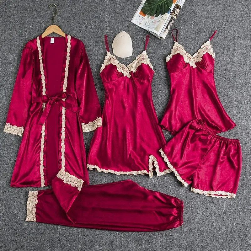 Four Seasons Women Padded Camisole Sleepwear Lady Homewear Five-Piece Lace Set Floral Detail Casual Girl Loungewear Shorts Robe