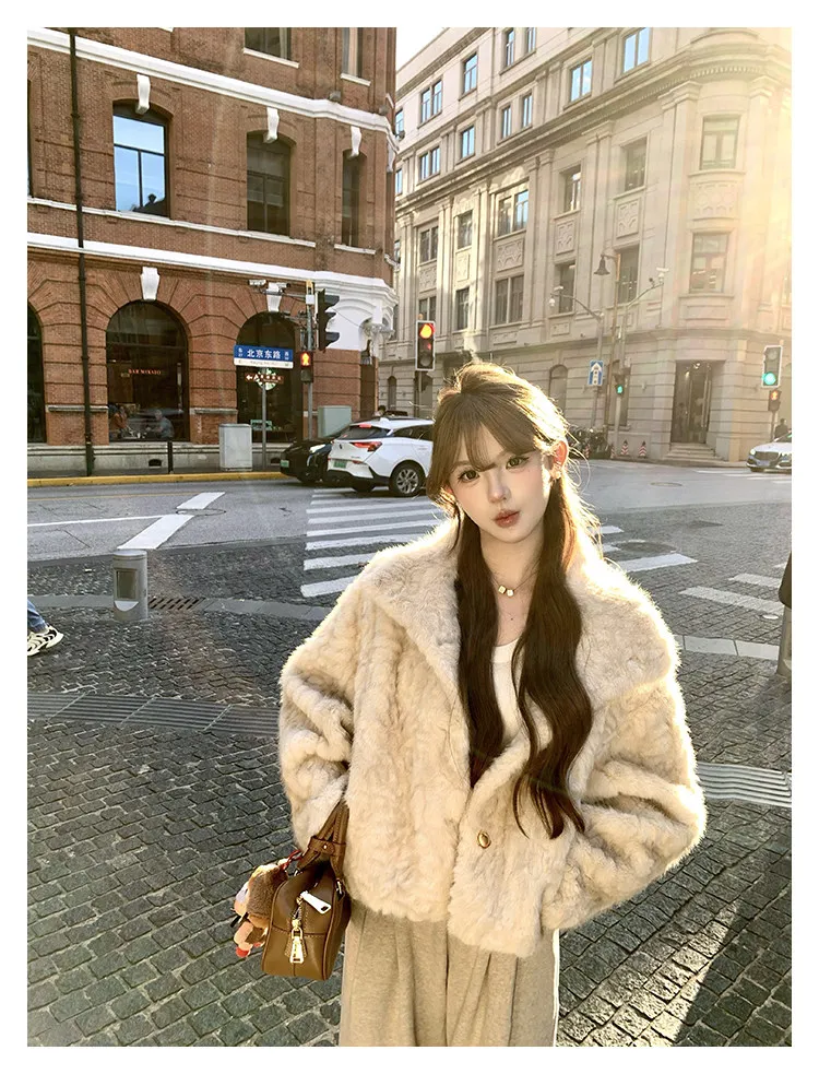 Korean Stand Collar Plush Jacket for Women Winter Thick Fluffy Cropped Faux Fur Coat Woman Loose Sweet Single Breasted Outerwear