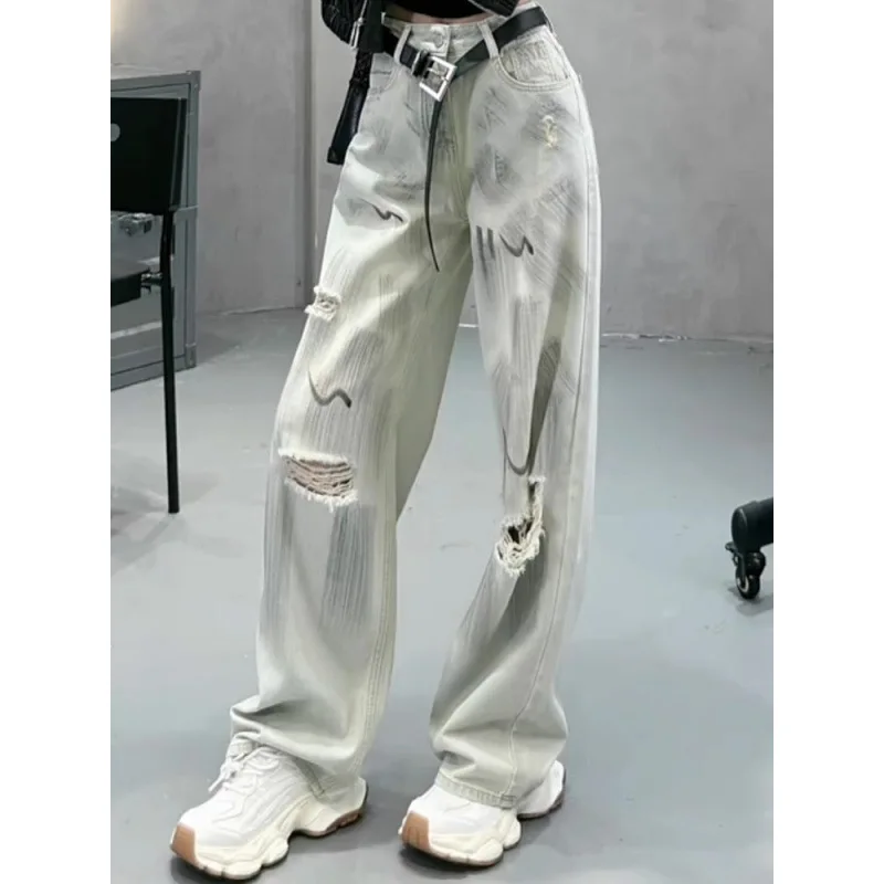 High Street Graffiti Straight Hole Jeans Female Tide Thin High Waist Loose Wide-leg Pants in Summer
