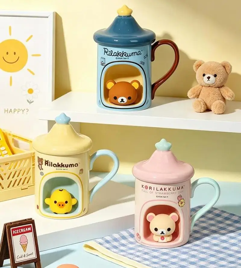 Auf Lager: Tasse mit Deckel, niedliche Cartoon-Rilakkuma-Kaffeetasse, Milchteebecher, neuartiger Wasserbecher, Trinkgeschirr, Geburtstagsgeschenk für Frauen.
