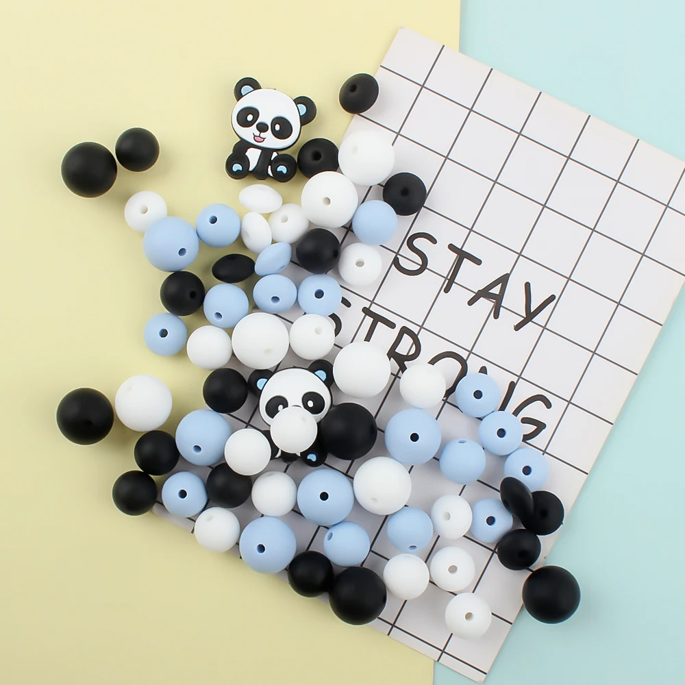 47pcs/Set Panda Silicone Beads 12 15mm Round Lentil Focal Beads Set Baby Teething Beads Teether DIY Pencils keychain Accessories