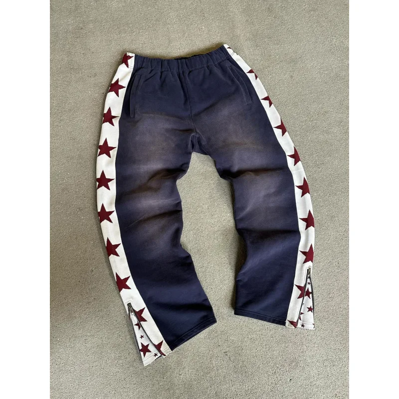 

Модные спортивные штаны в полоску с красной звездой, темно-синие свободные повседневные удобные джоггеры с завязками на талии и боковыми молниями, мужская и женская уличная одежда