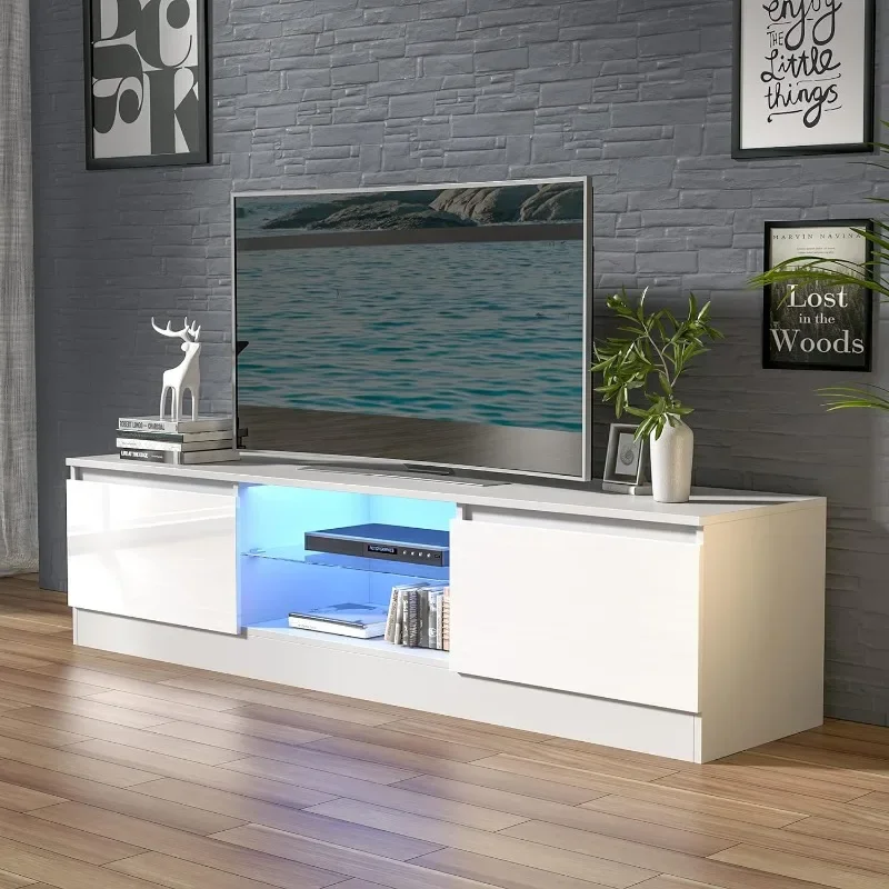 White TV Stand for 65/70 Inch TV, Media Console Tables with High Gloss Modern Style, LED Entertainment Center with Large Storage