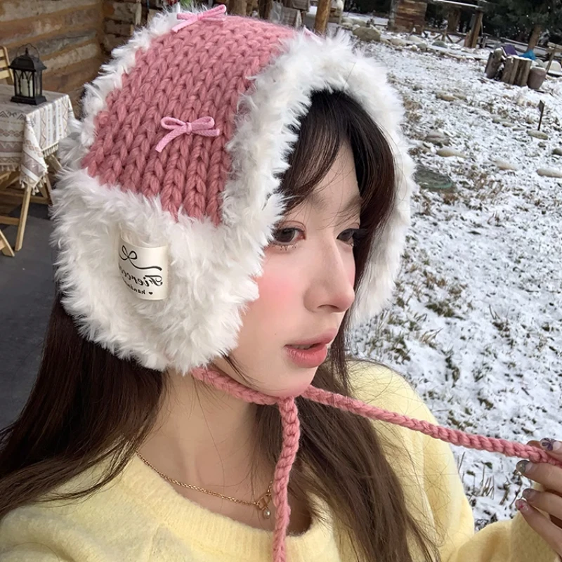 Paraorecchie decorativi con fiocco in peluche lavorato a mano coreano Protezione per le orecchie autunnale e invernale alla moda Calda fascia con lacci per donna