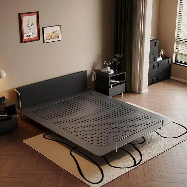 Medieval carbon steel suspension bed, wrought iron thin bedside leather small apartment space-saving Bauhaus shelf bed no ald