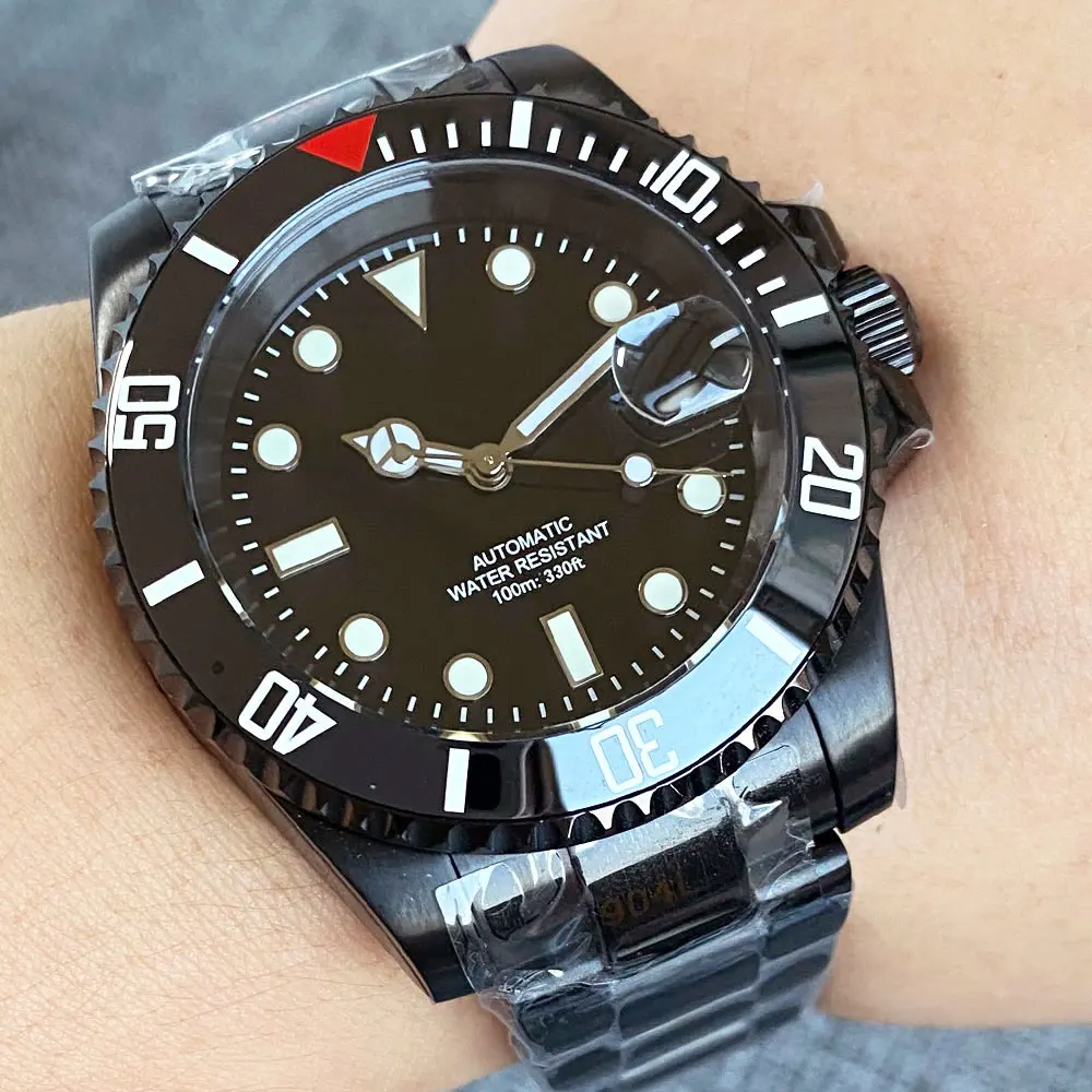 40mm Tandorio PVD NH35A Men's Mechanical Black Men's Watches Date Magnification Ceramic Bezel Sapphire Glass Wristwatch Bracelet