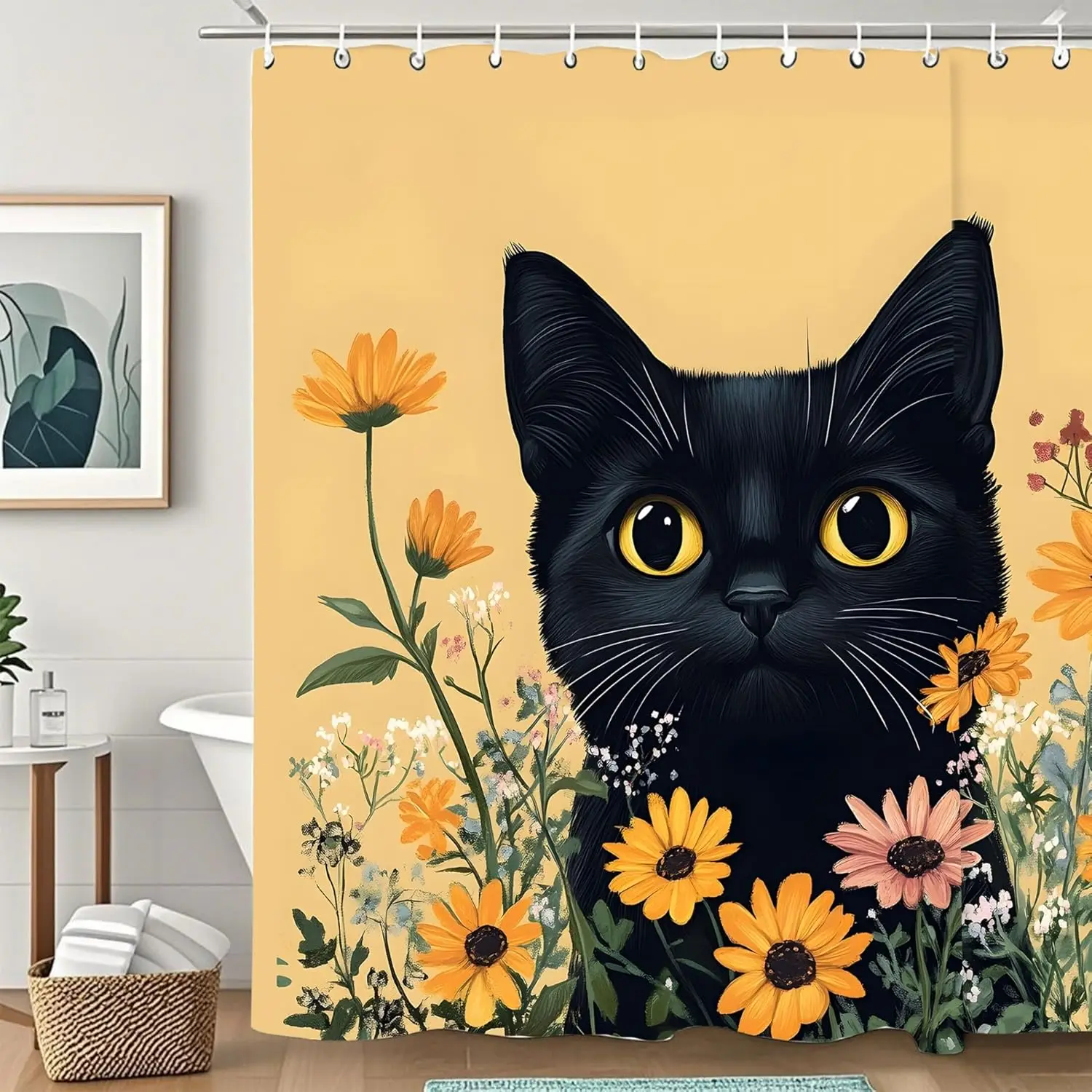 

Black Cat with Flowers Shower Curtain,Bathroom Shower Curtains Bathtub Home Decor Waterproof Fabric Machine Washable with 12 Hoo