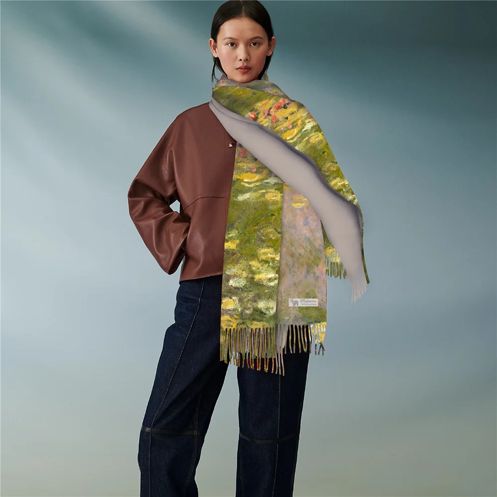 

Warmth Thickened Women's Shawl Scarf Monet Green Lotus Tassel Cashmere Simulation Long Necktie Winter Fashion Accessories