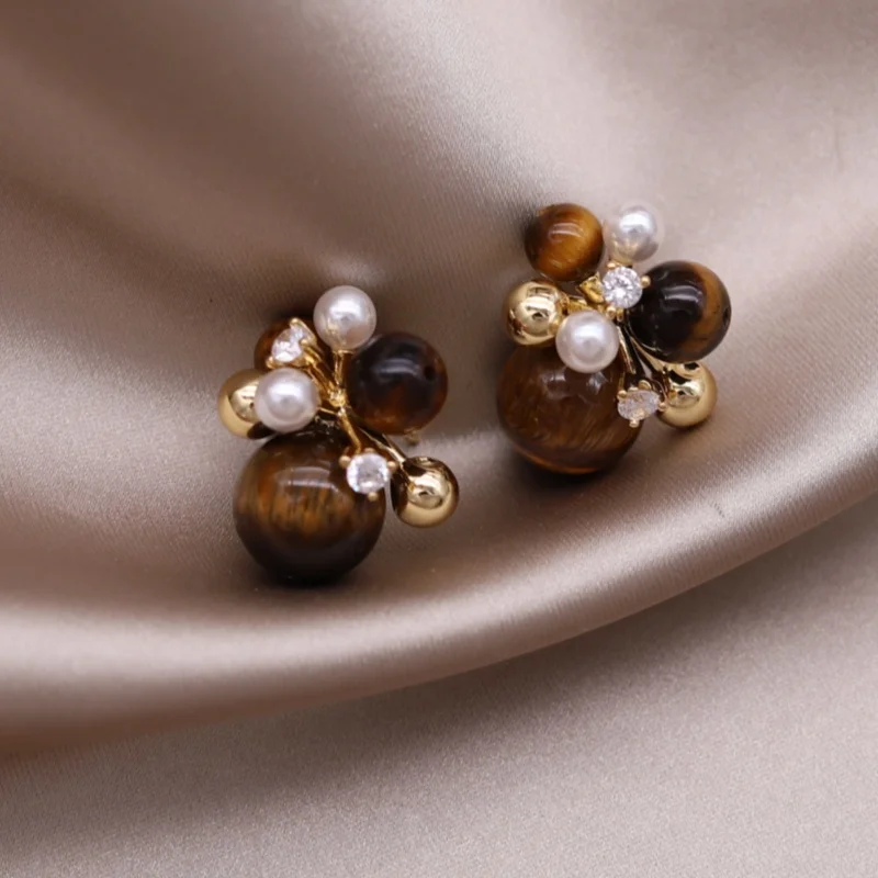 مجوهرات عصرية بتصميم كوري جديد عيار 14 قيراط مطلية بالذهب والفشار والخرز البني والأقراط الرجعية الأنيقة والإكسسوارات اليومية النسائية #5