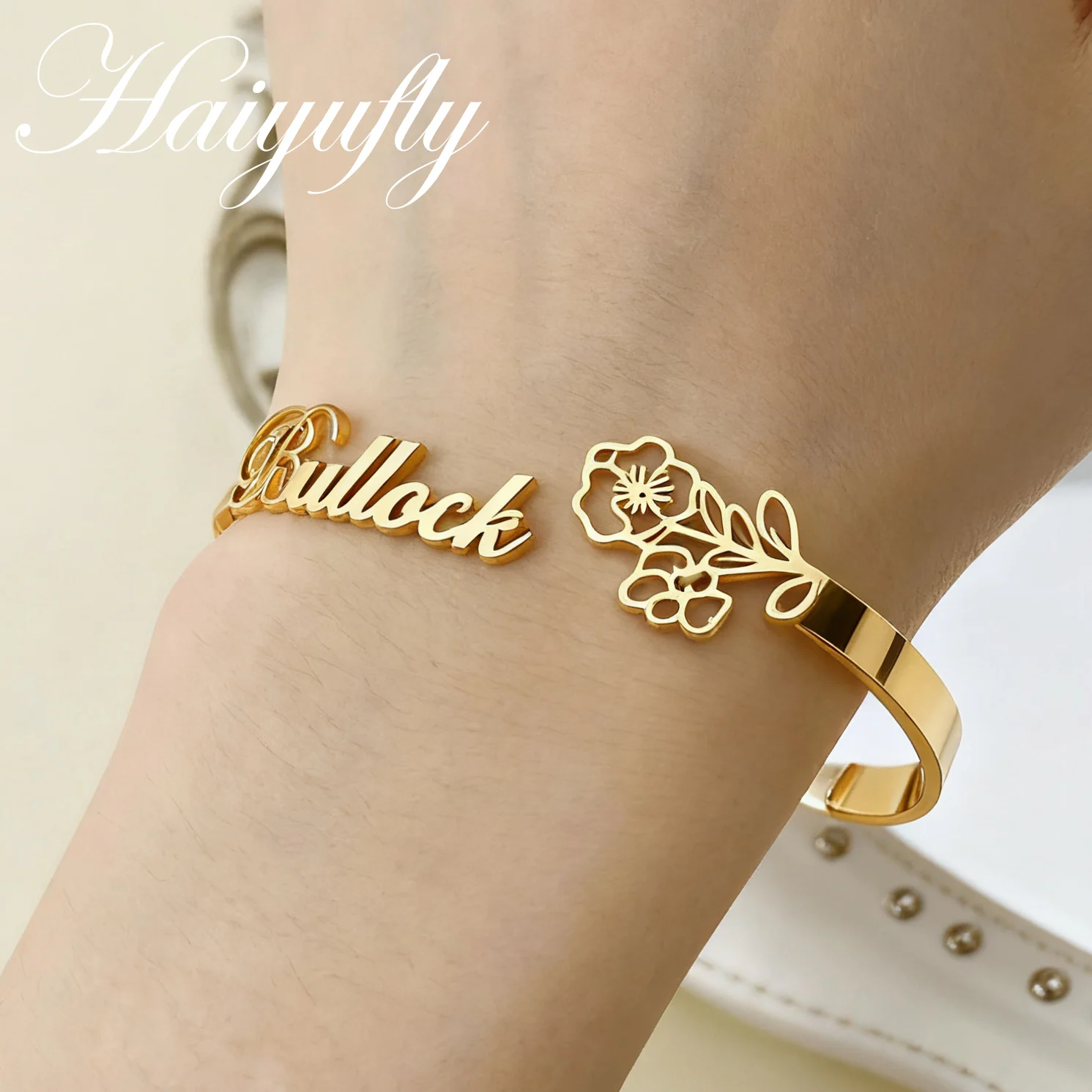 

Haiyufly индивидуальный браслет с именем цветка рождения, персонализированный браслет-манжета для женщин, ювелирные изделия из нержавеющей стали, регулируемый подарок на день рождения