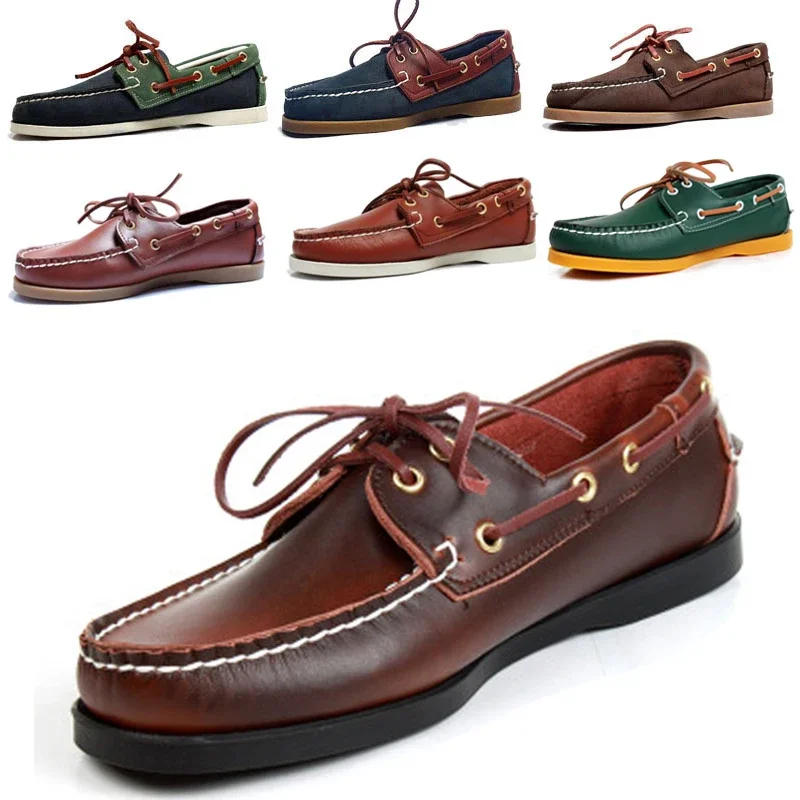 Men's Casual Genuine Leather Lace Up Boat Shoes Loafers For Men Driving Fashion Women Driving Shoes Wine Red Lace up