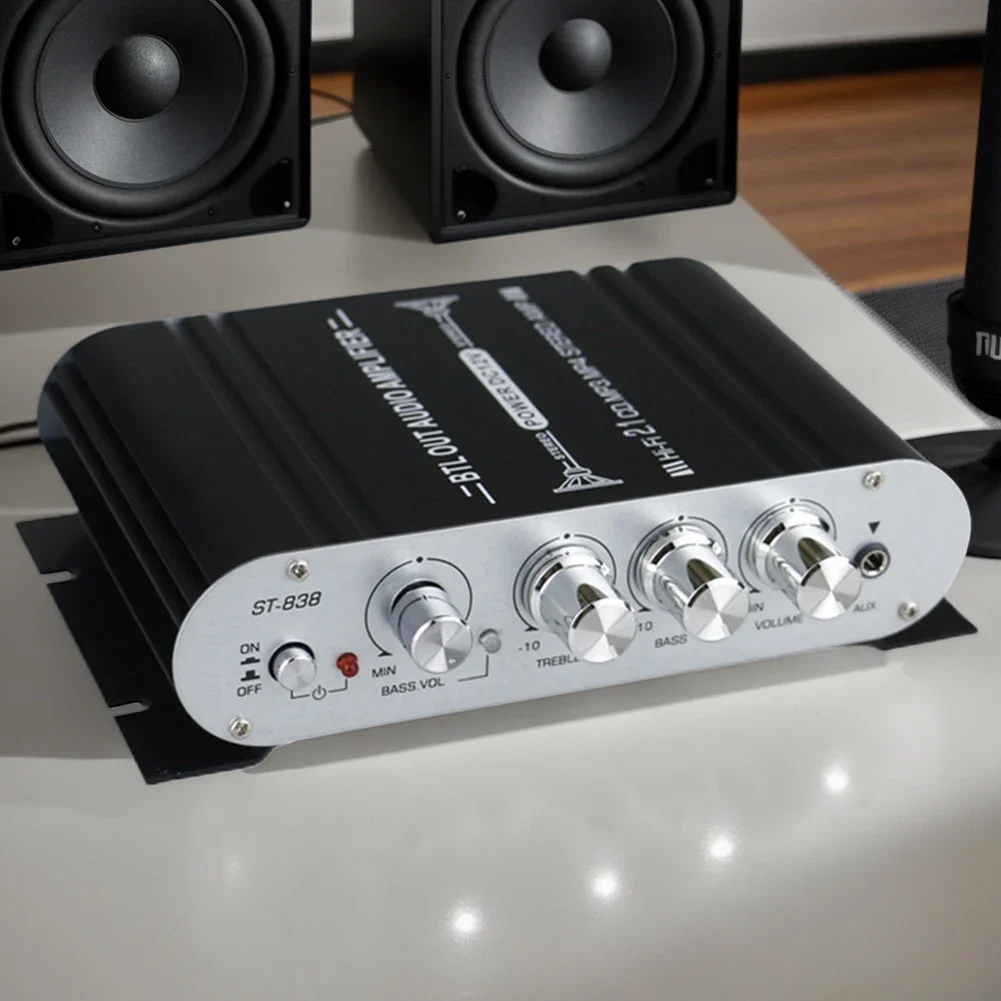 ST-838 HiFi 2.1 Channel Power Amplifier 80Wx2 12V Bass /Treble Adjustment Stereo Bass Sound Amp Subwoofer Amplifier Home Amp
