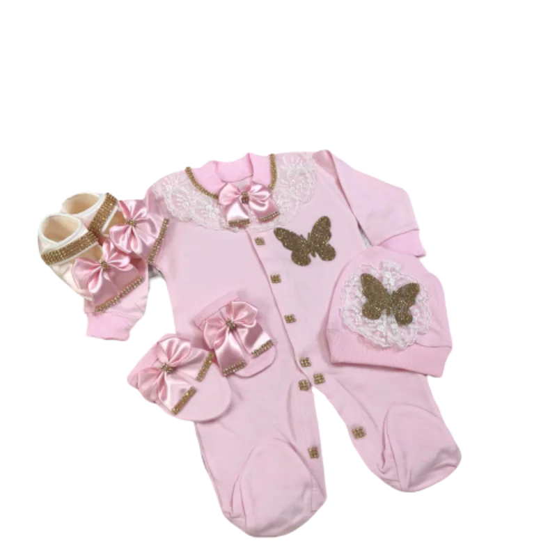 Luxury Baby Princess Romper 0-9 Months 4Pcs Baby Pink Gold Satin Bow Crystal Butterfly Lace Collar Footed Jumpsuit Boutique Gift