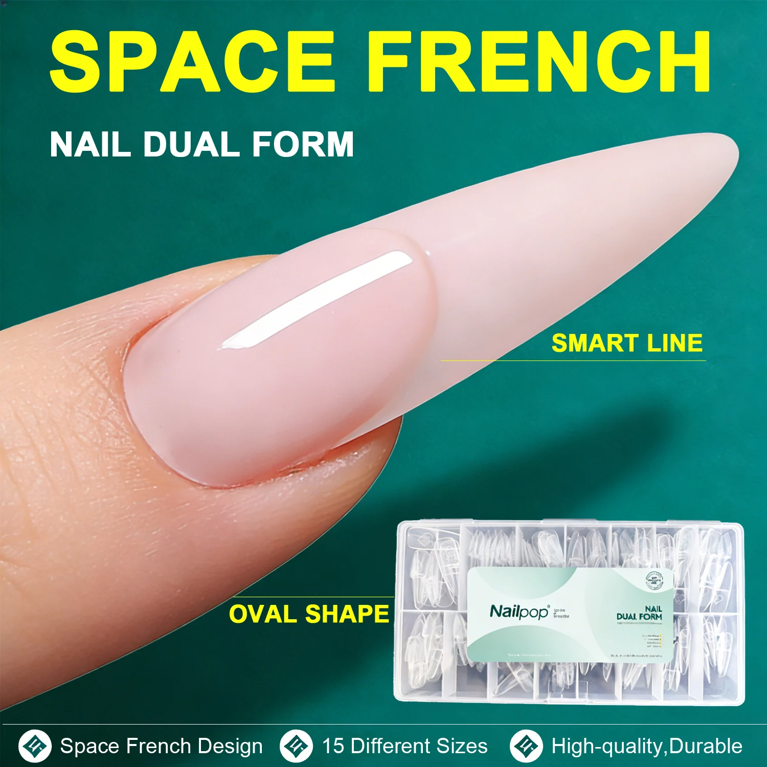 

Формы для наращивания ногтей Nailpop Oval Space Dual Forms Smart French Line из полипропилена, 15 размеров, для полигеля, для салонов и домашнего использования, 150 шт.