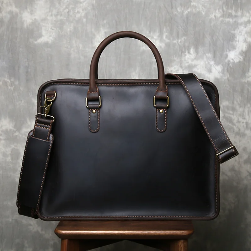 

Retro Top Layer Cowhide Handbag Simple Genuine Leather Briefcase Large Capacity Crazy Horse Leather Handmade Computer Bag