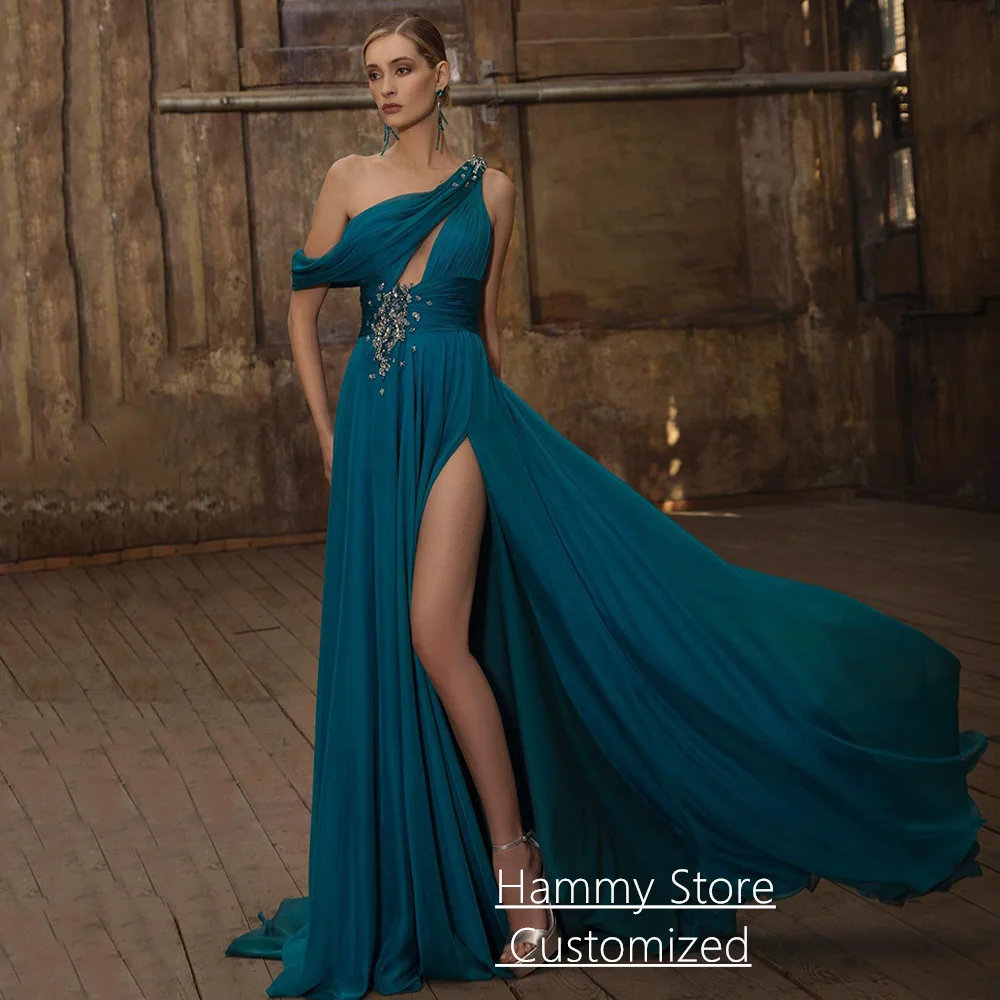 

Sexy Summer Evening Dress Customized One Shoulder Crystal Ruched High Split Pageant Party Gown Dancing Prom Dresses