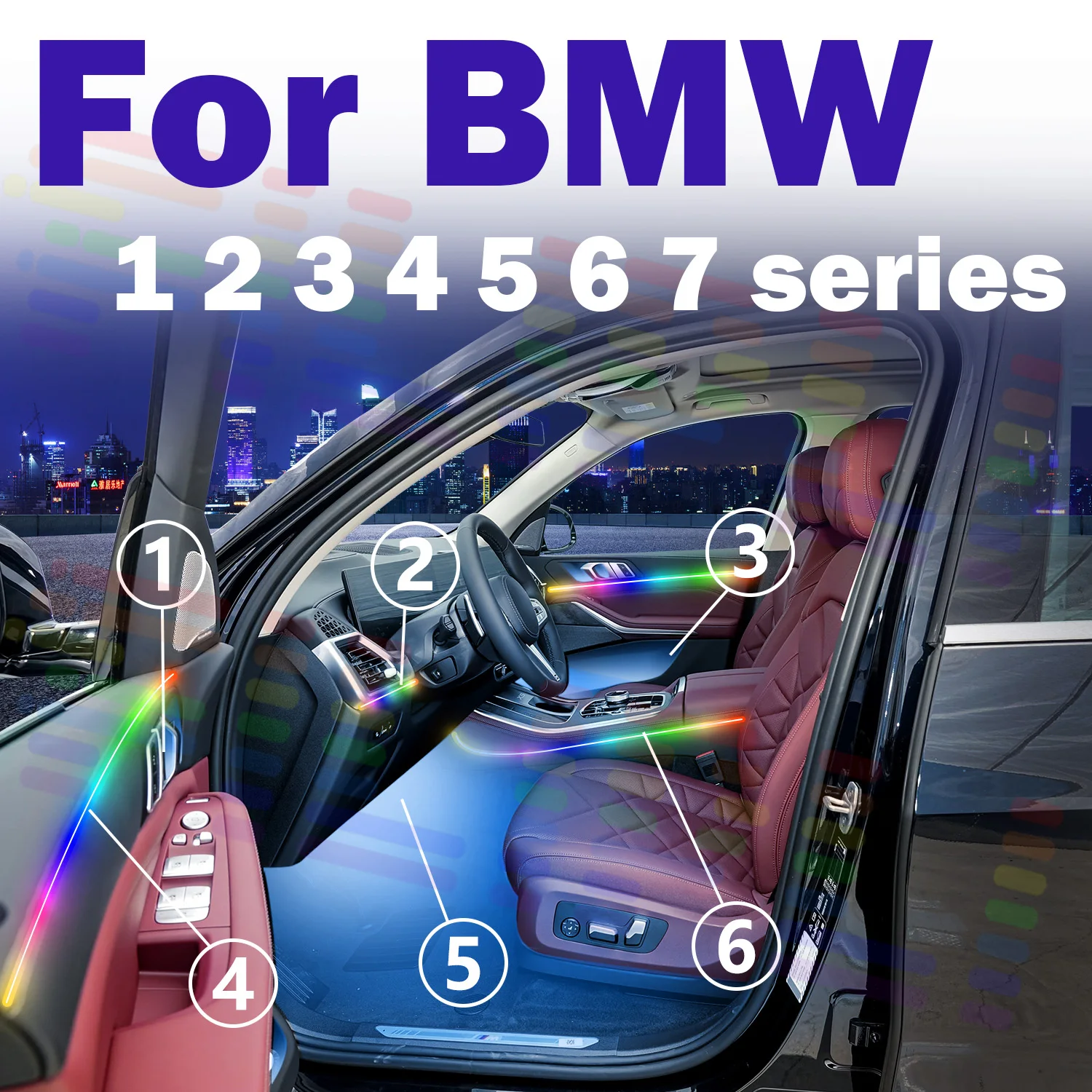 

High Combo для BMW 1 2 3 4 5 6 7 серии Автомобильные акриловые светодиодные лампы окружающего света Красочные атмосферные фонари Автоматическое внутреннее приложение 64 RGB Light