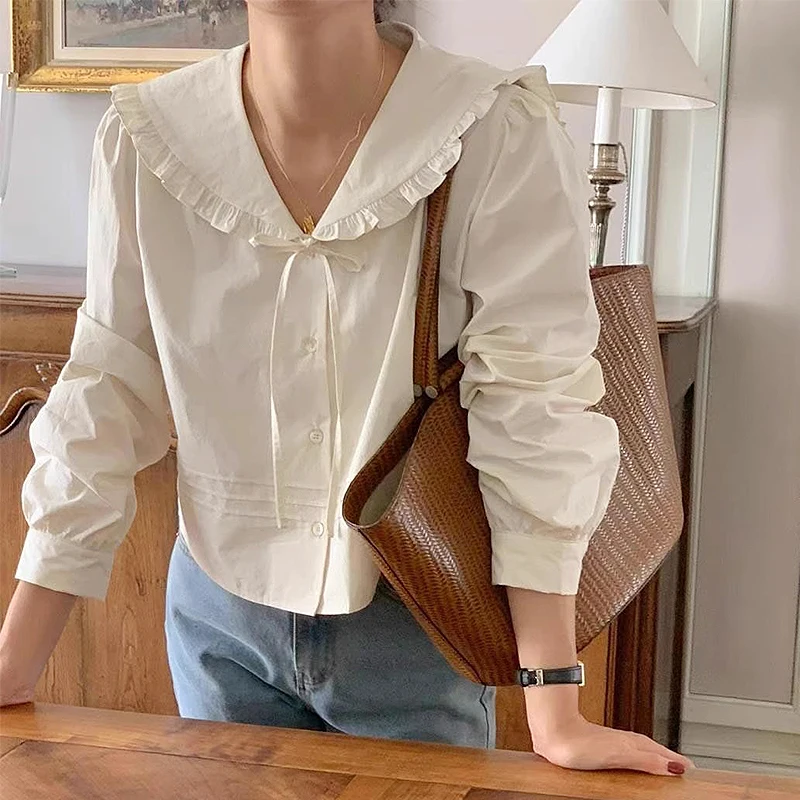 

Chic Autumnal Sweet Youthful Ruffle Netie Loose Casual Versatile Long Sve irt Korean Sle Commute Pure Color Single B...