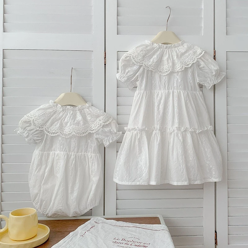 Gaun Adik Baru Musim Panas 2025 Gaun Putri Anak Gaun Renda Pesta Anak Perempuan 2-6 Tahun Baju Monyet Bayi Perempuan Bordir Katun Adik