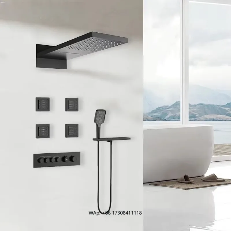 Multifunctional Bath Hidden Shower System Massage Jet Bath Wall Rain Shower Set with 5-way Thermostatic Mixer Kit