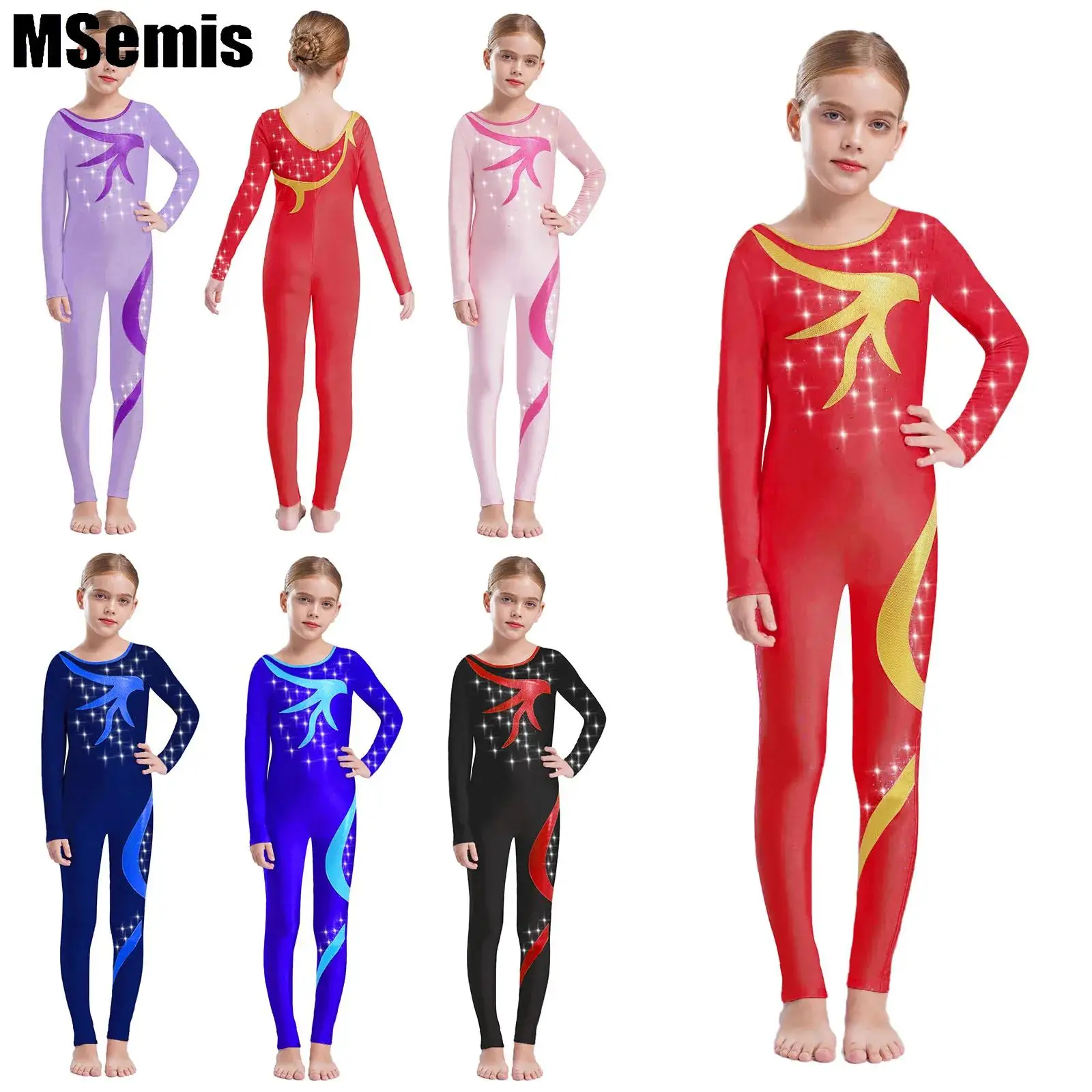 

Kids Girls Gymnastics Leotard Shiny Rhinestones Bodysuit Sheer Mesh Patchwork Full Length Leotard for Rhythmic Figure Skating