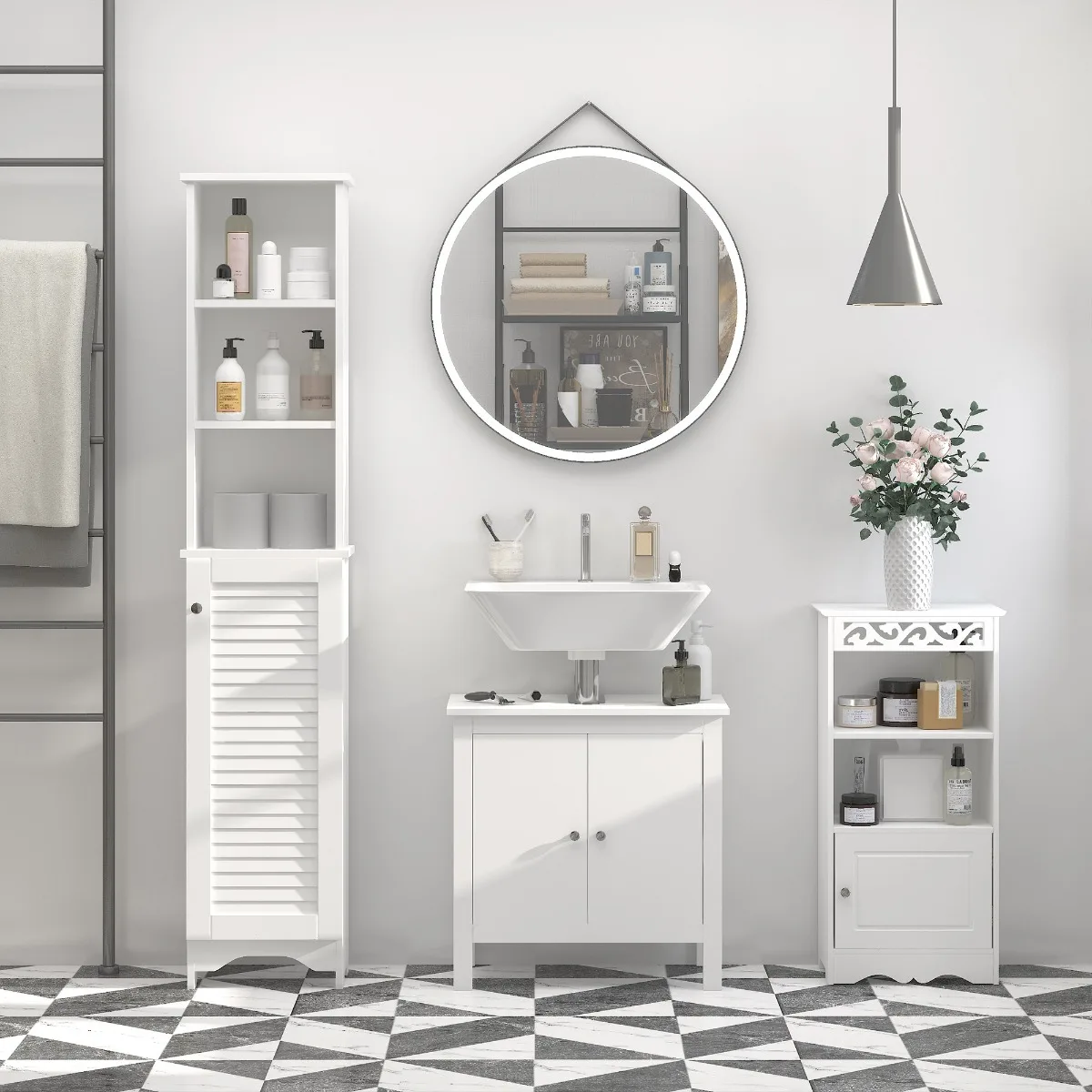 

White Tall Narrow Bathroom Storage Cabinet 65 Inch with Adjustable Shelves and Shutter Door for Small Spaces