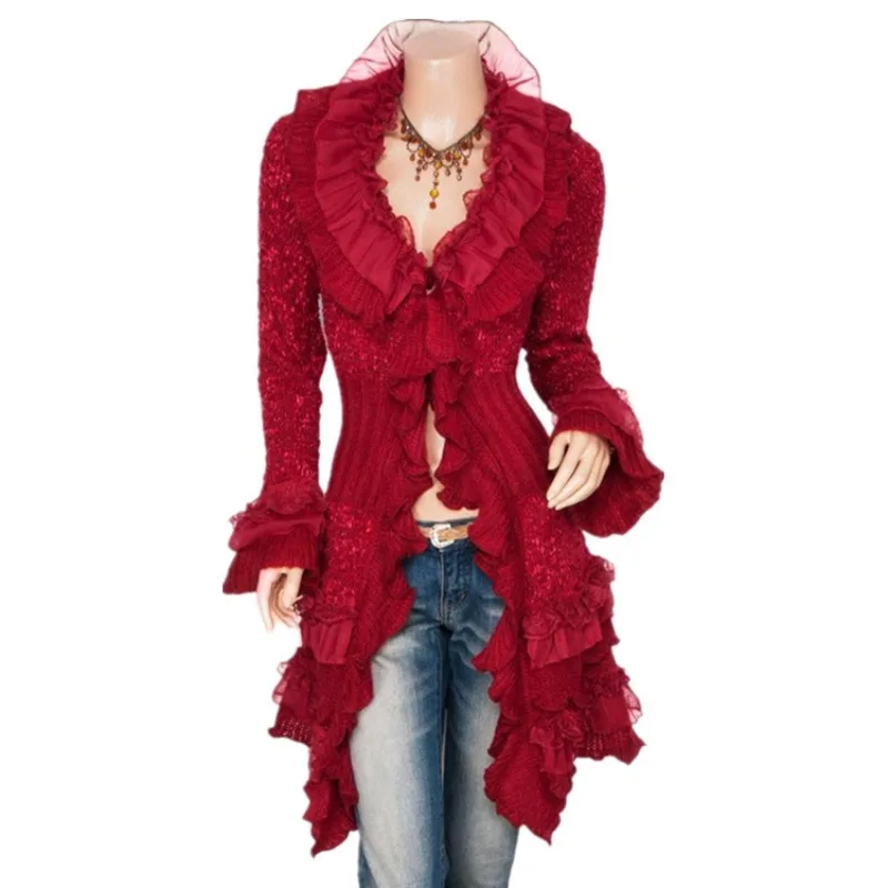 

Cardigan Women's Knitted Sweater 2025 New Single-breasted Lace Horn Sleeve Medium and Long Coat