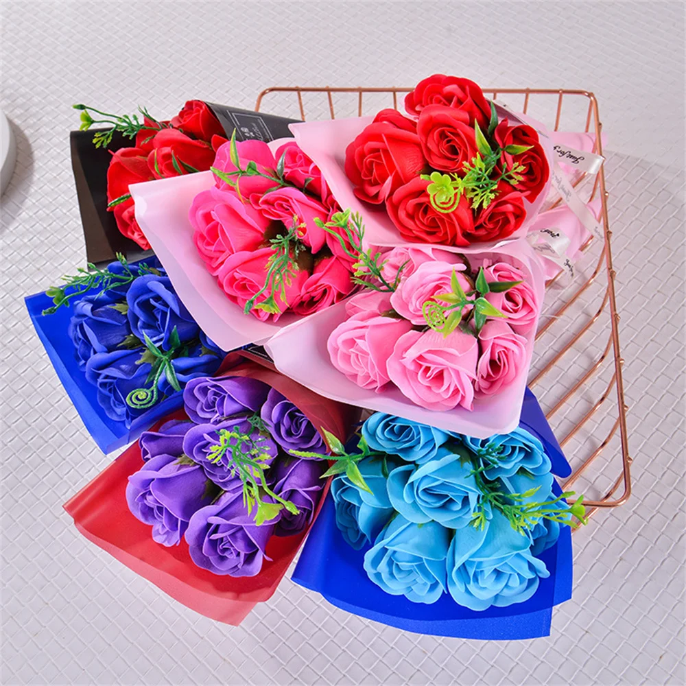 7 Heads Soap Rose Flowers Valentine\'S Day Gift Red Pink Blue Purple Mini Soap Flower Rose Bouquet Wedding Birthday Party Supplie