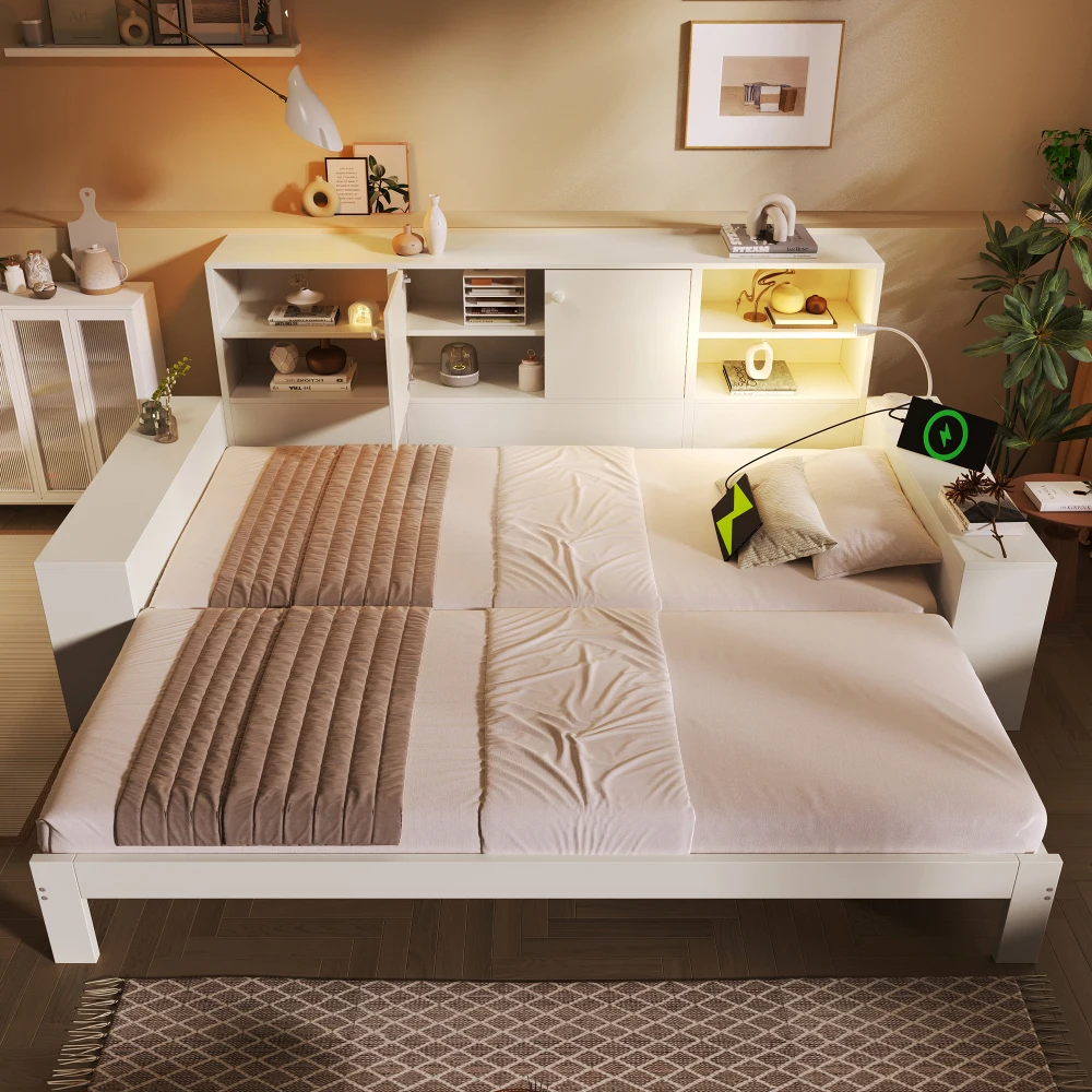 Stilvolles, multifunktionales Holztagesbett, 90 x 200 cm, weiß, mit Stauraum, ausgestattet mit einem ausziehbaren Zusatzbett und doppelten Türen, Stauraum unter dem Bett, platzsparendes Doppelbett für