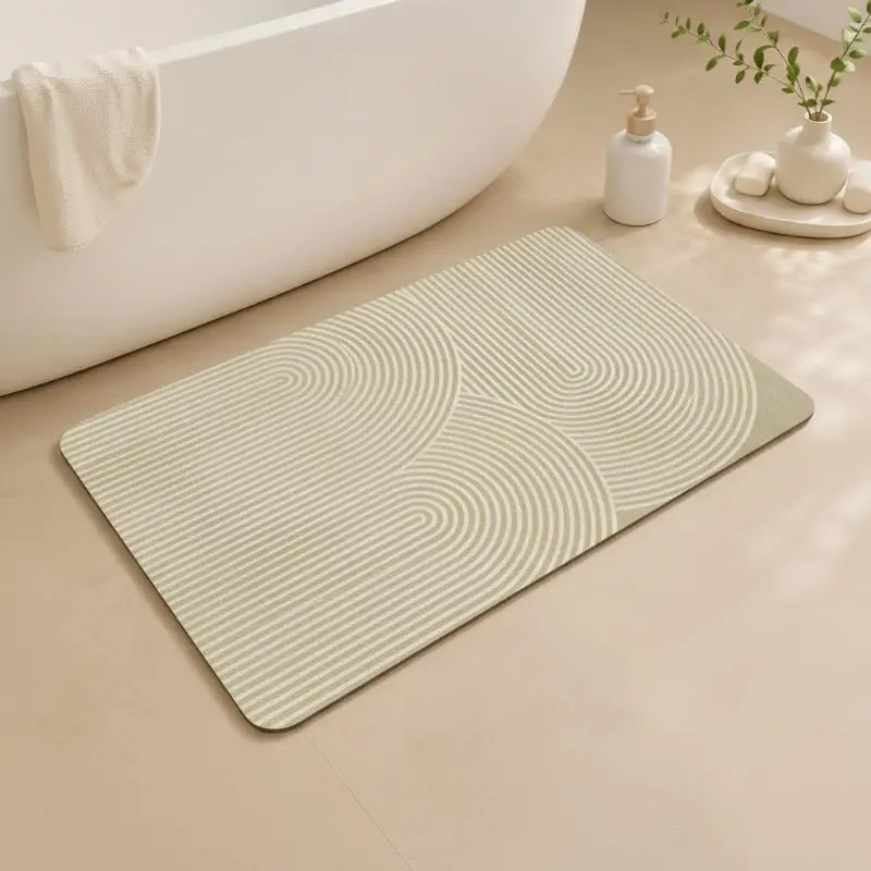 (Beige Striped Diatomite Bath Mat Quick Dry Absorbent Non Slip Backing For Bathroom Entrance)