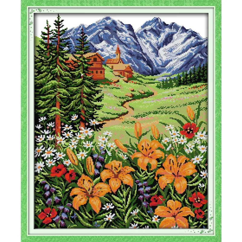 

Joy Sunday New Stamped Cross Stitch Ki,11CT/14CT/16CTDIY Easy Pattern Aida Fabric Embroidery Set- Snow Mountain in Spring.